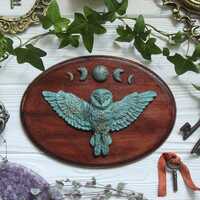 Barn Owl Moon Phase Wall Plaque, Verdigris Owl Wall Art, Celestial Witchy Decor, Handmade Wo...