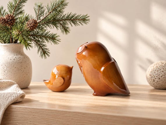 Hand-Carved Wooden Owl Figurine Set