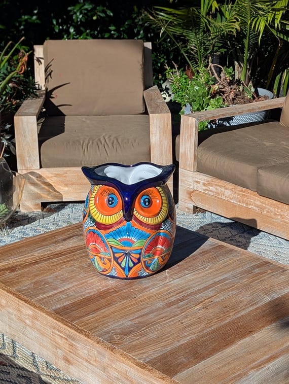 14" Tall Talavera Owl Planter | Ceramic Flower Pot | Mexican Pottery Housewarming Gift