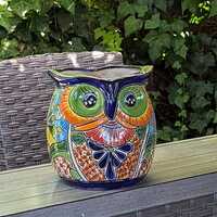 Talavera Owl Flower Pot | 11.5" Tall Handmade Ceramic Planter | Outdoor Mexican Pottery