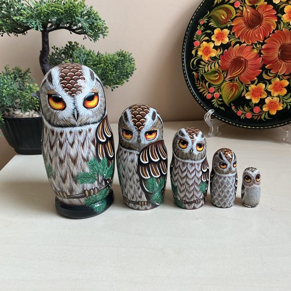 Owl Nesting Dolls 5pcs, HandPainted Wooden Matryoshka, Forest Animal Art Decor, Owls Lover Gift