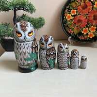 Owl Nesting Dolls 5pcs, HandPainted Wooden Matryoshka, Forest Animal Art Decor, Owls Lover G...