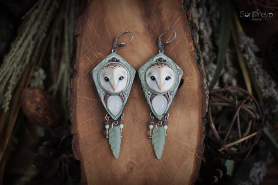 Barn Owl Earrings - Woodland Dangle Earrings, Cottagecore Fantasy Jewelry