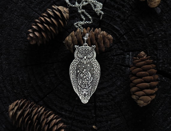 Owl Necklace - Eagle Owl Pendant - Silver Owl Necklace - Wisdom Necklace - Star Necklace - Starry sky necklace - Summer Night Necklace