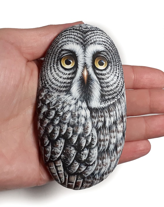 Great Grey Owl stone Painting with Acrylics and finished with Satin varnish. Owl painted stone, bird art, Wildlife art, painted rocks.