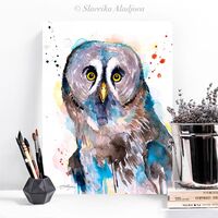 Great grey owl watercolor painting print