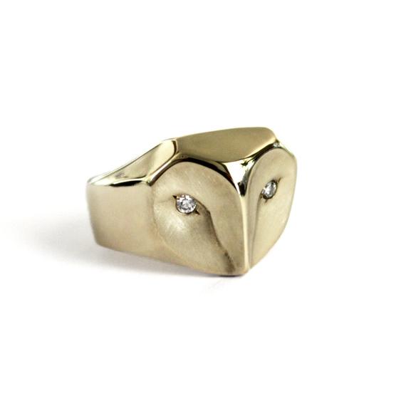 Gold Barn Owl ring with diamonds