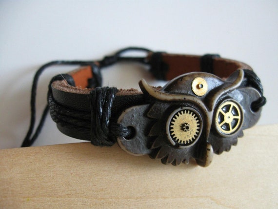 Owl bracelet Steampunk gift For Men Men's Mens Women woman Totem Bird Wristband man Owls Carved bone Armband Wristband Fashion Watch Gears