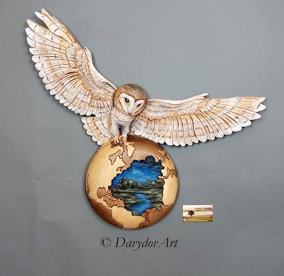 Wall Art Big White Wooden Owl Hand Carved with Bark