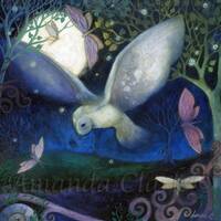 Large mounted print titled "The Owl and Moon" by Amanda Clark - wildlife art, land...