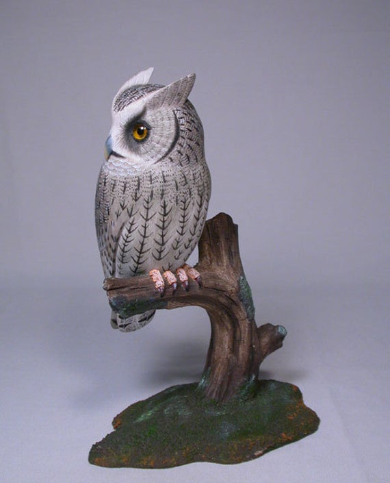 Whiskered Screech Owl Hand Carved Wooden Bird