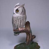 Whiskered Screech Owl Hand Carved Wooden Bird