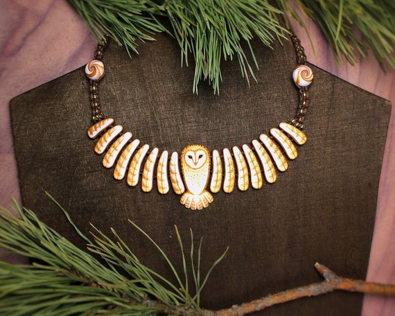Barn Owl Necklace Golden White Wings Feathers Bird Gift for Owls Lover