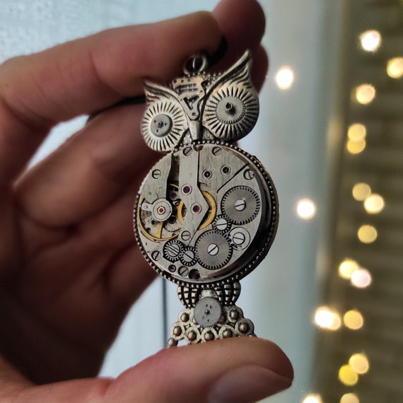 Steampunk owl necklace Vintage watch parts pendant