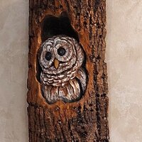 Hand Carved Wooden Small Copper Owl in Basswood, Bird on Tree witth Bark, Unique Hand Made W...