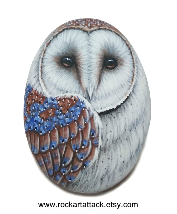 Hand-Painted barn owl on flat natural sea pebble! Acrylic miniature painting on stone, Original owl painting, Handmade, Stone painting art
