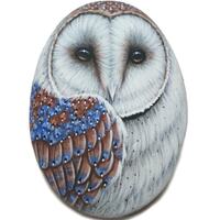 Hand-Painted barn owl on flat natural sea pebble! Acrylic miniature painting on stone, Origi...