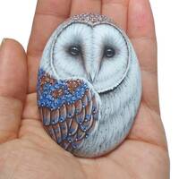 Hand-Painted barn owl on flat natural sea pebble! Acrylic miniature painting on stone, Origi...