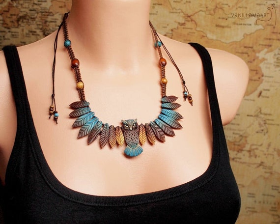 Owl Necklace Leaf Forest Bird Wings Turquoise Colorful Feathers
