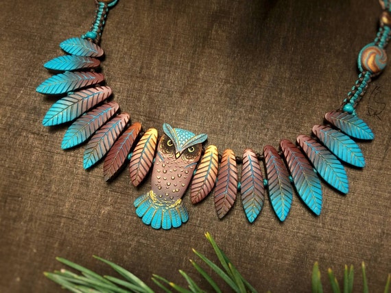 Owl Necklace Leaf Forest Bird Wings Turquoise Colorful Feathers