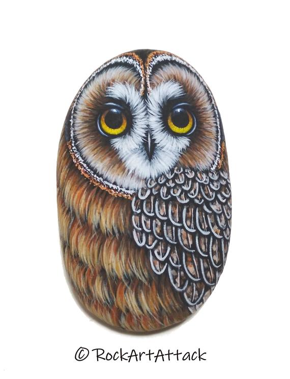 Hand Painted Pebble Short-eared Owl! Acrylic Miniature Painting on Stone, finished with Satin varnish. Original art, owl painted stone