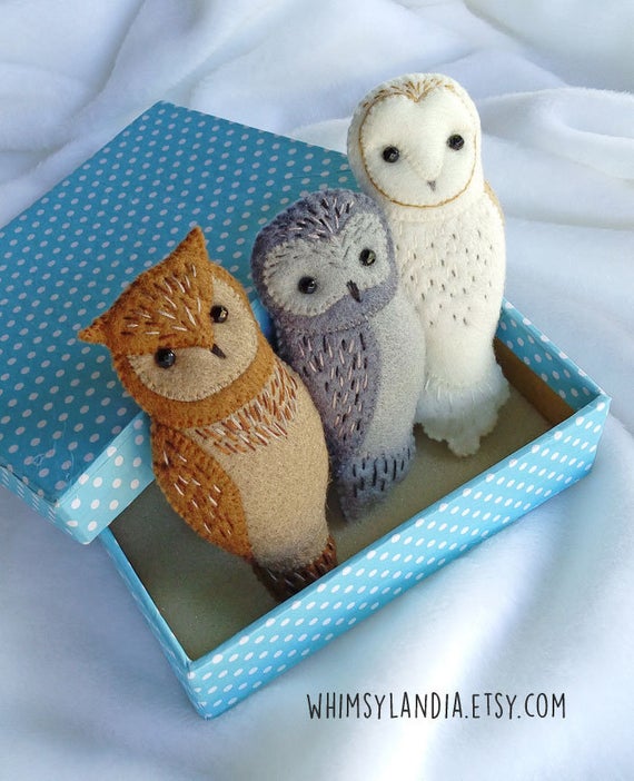 Set of Three Handmade Owl Brooches, Embroidered Felt Owl Brooches