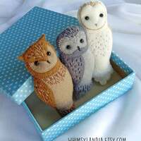 Set of Three Handmade Owl Brooches, Embroidered Felt Owl Brooches