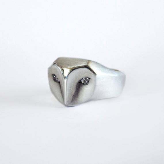 Sterling Silver Barn Owl ring with white Sapphire eyes