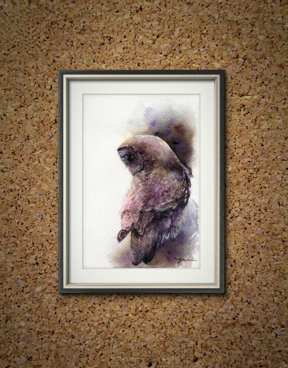 PRINT –Great grey owl Watercolor painting 7.5 x 11”Hand paint 100%,art, watercolour,Hand made,owl art, minimalist,Contemporary,gift,Wildlife