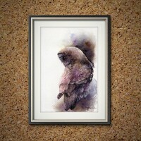 PRINT –Great grey owl Watercolor painting 7.5 x 11”Hand paint 100%,art, watercol...