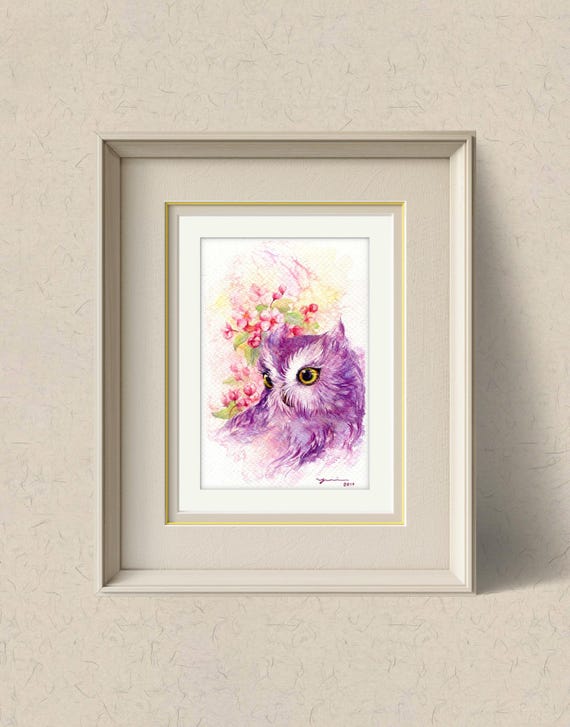 ORIGINAL Hand-painted watercolor 7.5x11 inches, owl and blooming flowers