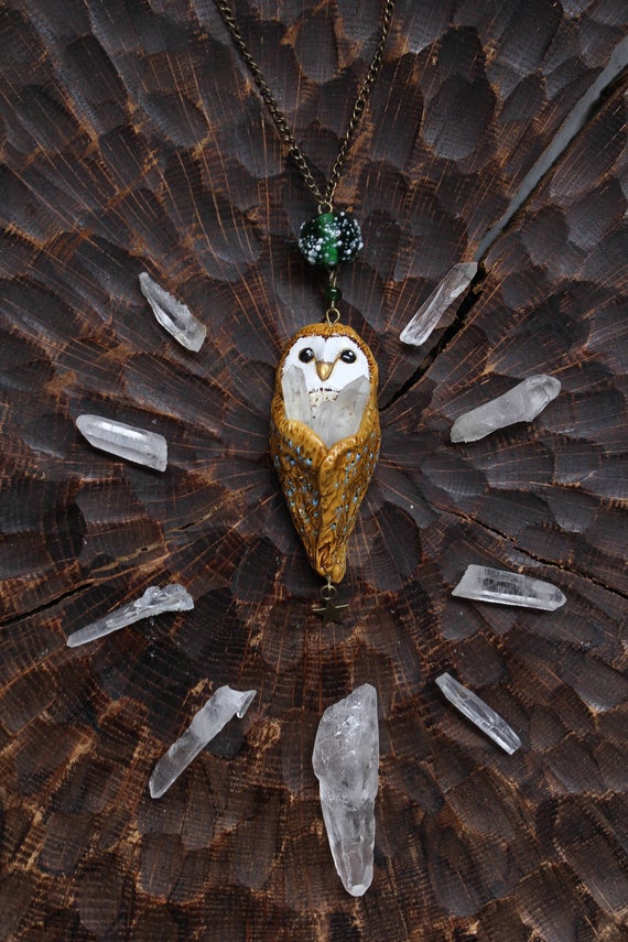 Barn Owl with Rhinestone Necklace, Bird Pendant