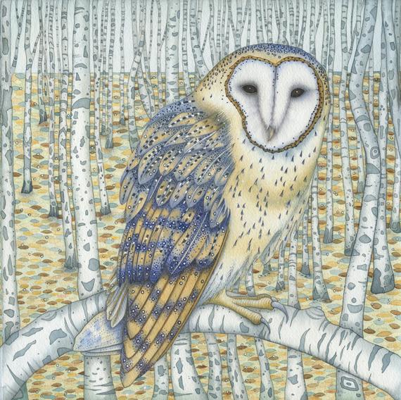 Fine art print of an original painting: 'Barn Owl Among the Birches'.