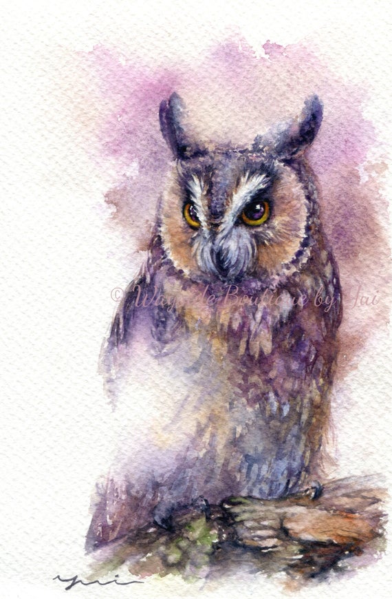 Horned owl - ORIGINAL watercolor painting 7.5x11 inches
