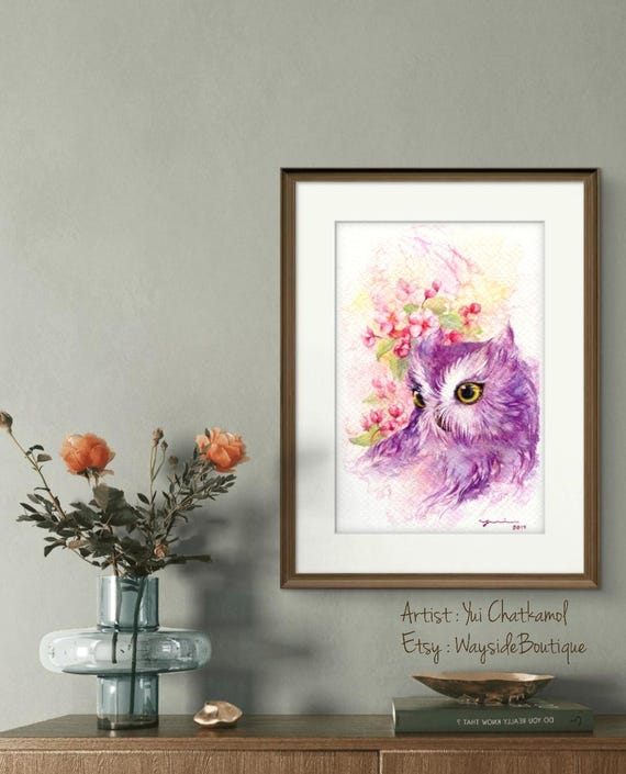 Floral Owl Watercolor Print – Gentle Pastel Bird Wall Art, Whimsical Cottagecore Nature Decor, 7.5x11” Soft Owl Illustration