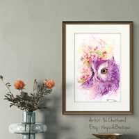Floral Owl Watercolor Print – Gentle Pastel Bird Wall Art, Whimsical Cottagecore Natur...