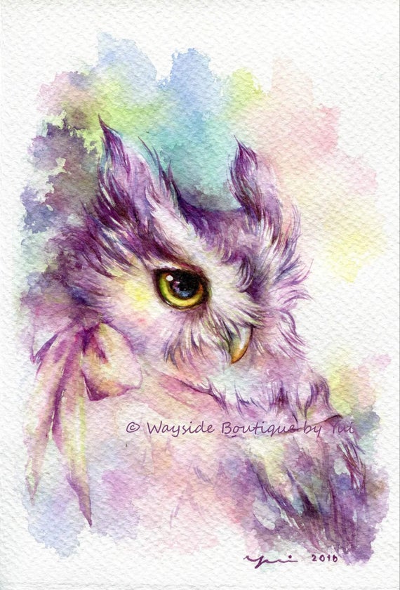 PRINT – Owl with bow Watercolor painting 7.3 x 11”