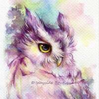 PRINT – Owl with bow Watercolor painting 7.3 x 11”