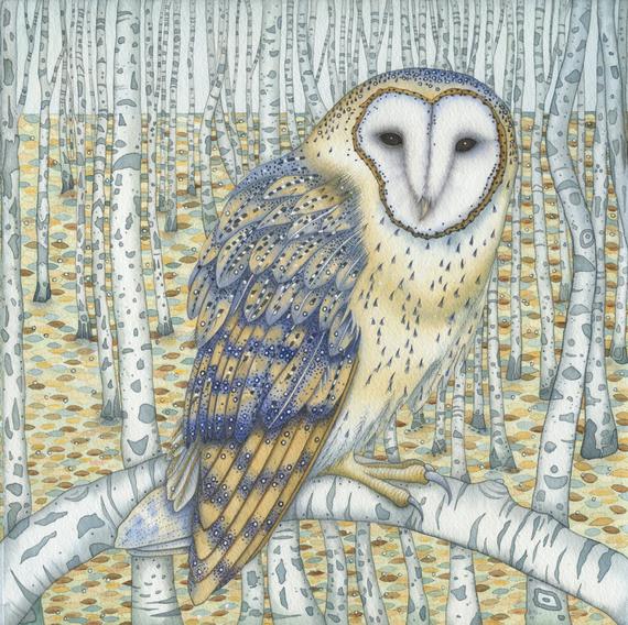 Fine art print of an original painting: 'Barn Owl Among the Birches'.