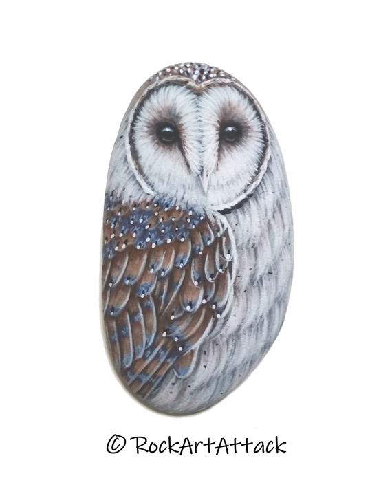 Hand-Painted Barn Owl Sea Pebble Magnet! Miniature Bird Painting on Small Stone, Original owl acrylic painting, finished with satin varnish
