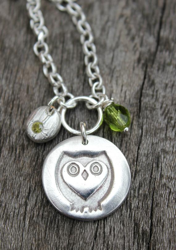 Silver Owl necklace, Birthstone gemstone owl pendant