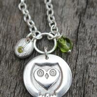 Silver Owl necklace, Birthstone gemstone owl pendant