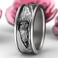 Sterling Silver Owl Wedding Ring, Owl Wedding Band, Tree Bark Wedding Rings, Nature Inspired...