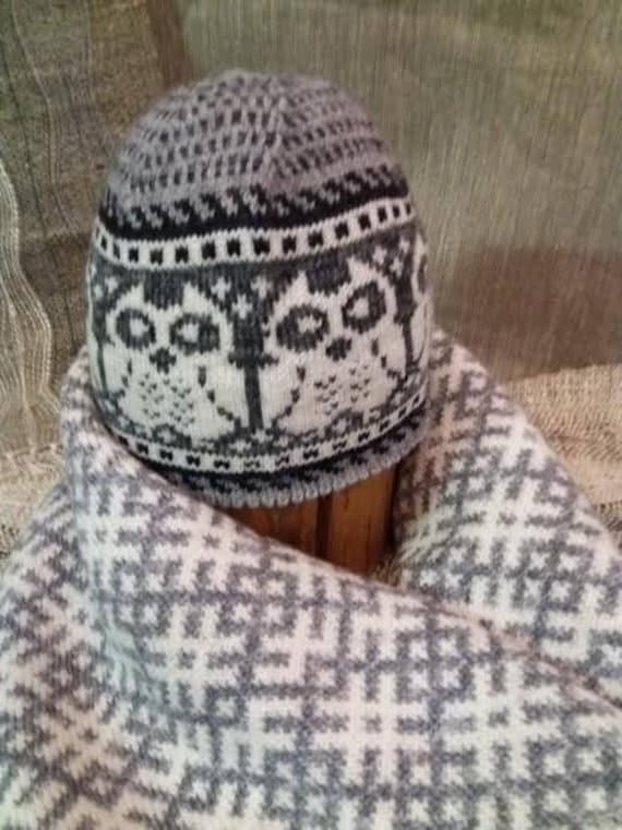 Gift set for him,Christmas gift,Nordic fair isle knitted cap+infinity scarf, winter accessories,merino wool and mohair,owl, ,gray,white