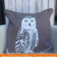 Owl Pillow, Hand painted pillow, Owl painting, Owl decor, Owl gifts, Snowy Owl painting, Owl...