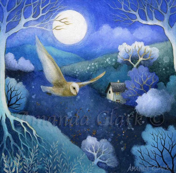 Print titled "Owl Flight" by Amanda Clark - fairytale art print, landscape art, owl art print, woodland artwork, dreamy art print