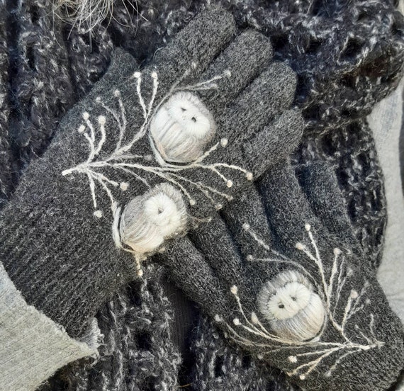 Knitted and felted wool gloves with embroidery owls