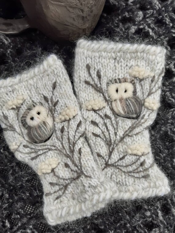 Hand knitted fingerless mittens with owl and snow glitter