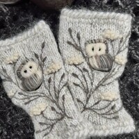 Hand knitted fingerless mittens with owl and snow glitter