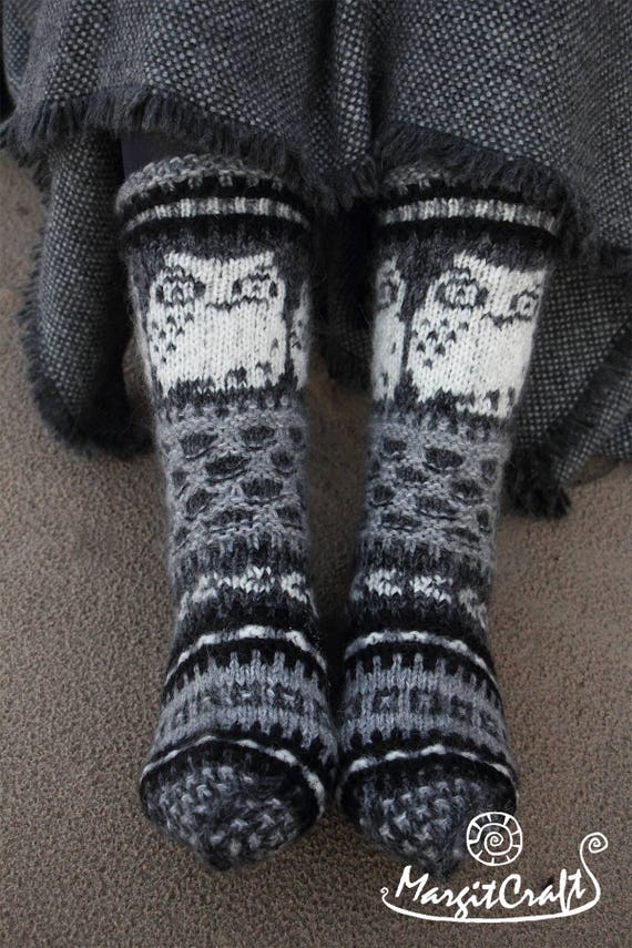 Hand knitted wool socks with owls